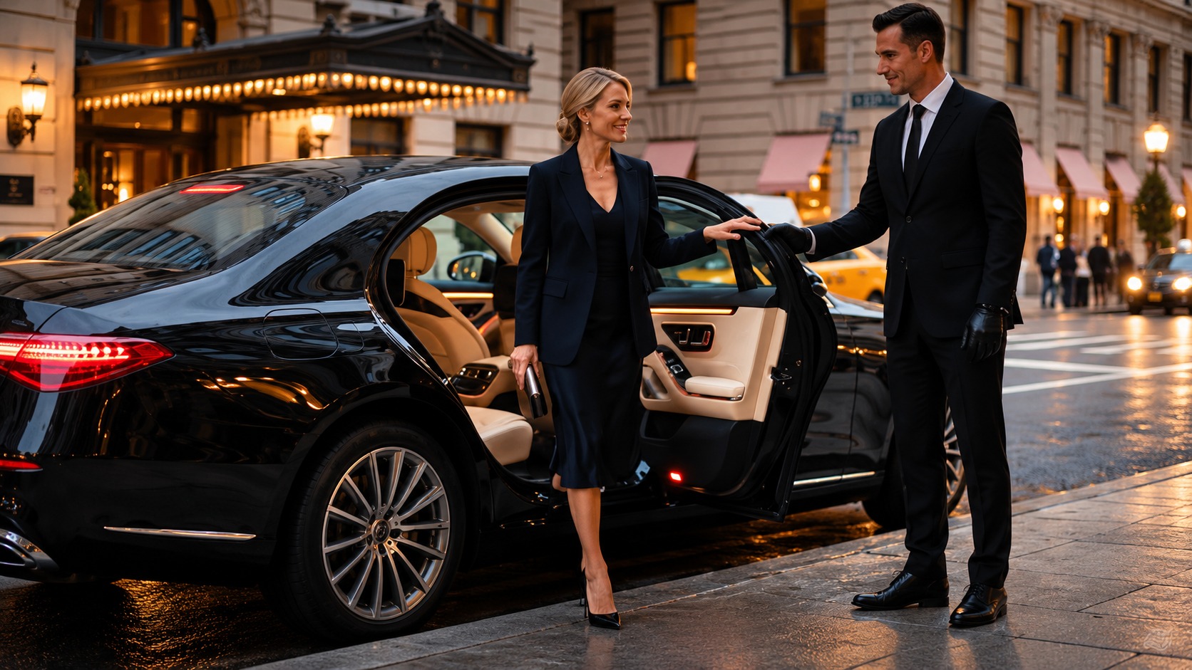 Chauffeur holding the door as a business traveler steps out of a black sedan at a hotel