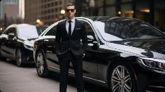 Chauffeur standing in front of a black sedan