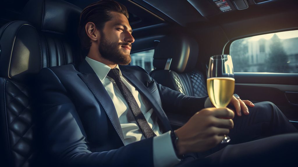 Passenger relaxing in the back seat of a limousine