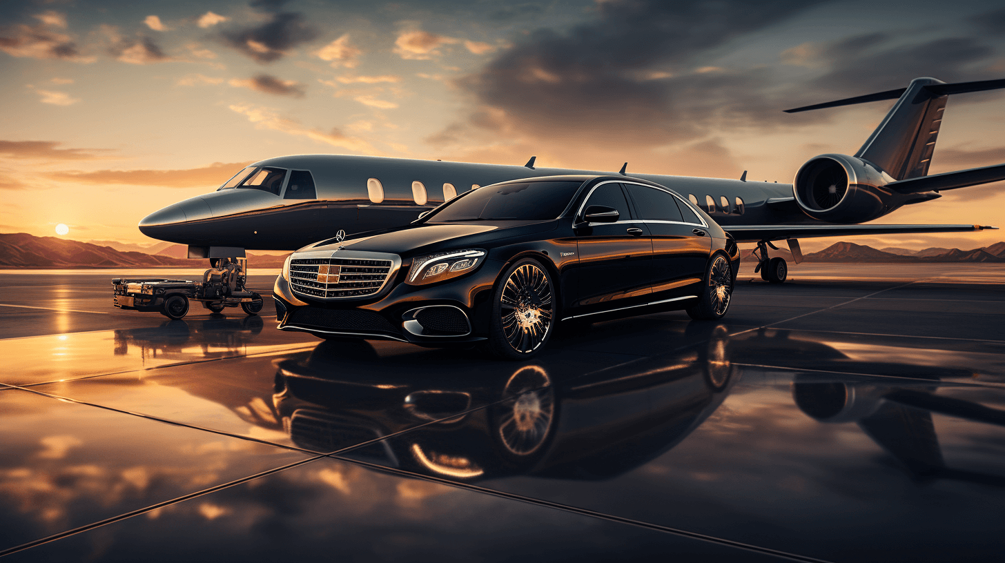 Black Mercedes sedan at a private jet for a Valley special